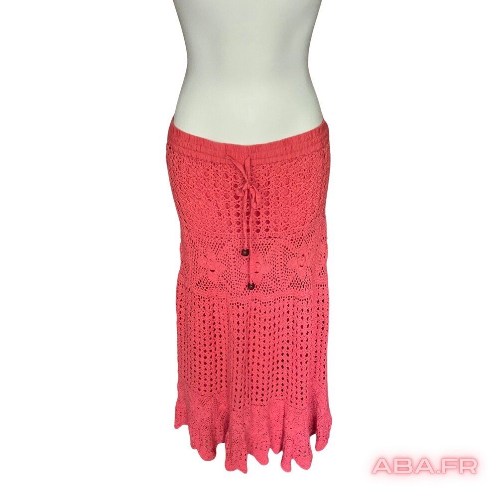Vintage Coral Cotton Crochet Overlay Maxi Skirt Womens Boho Summer Y2K Sz M